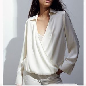 Forever 21 Cream Cross-front Satin Long Sleeve Blouse Top